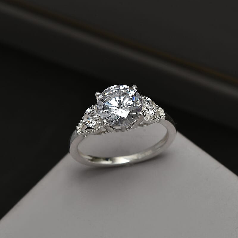Simulated Diamond 3 Stone Ring in Sterling Silver (Size 10.0)
