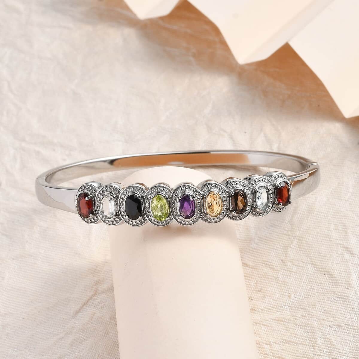 Multi gemstones Bangle Bracelet in Stainless Steel (7.25 In) 4.80 ctw image number 1