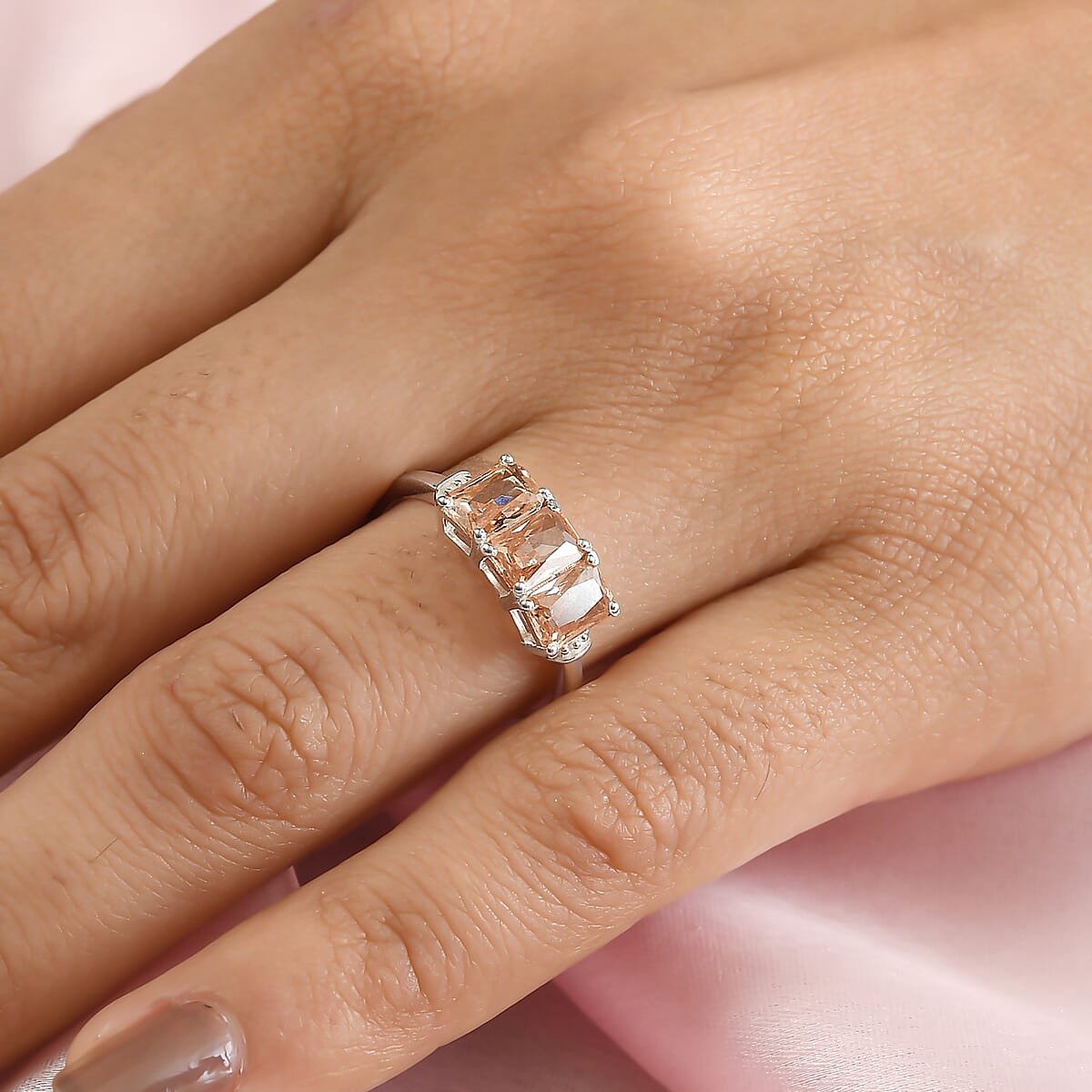 Simulated Champagne Color Diamond 3 Stone Ring in Sterling Silver (Size 10.0) 3.00 ctw image number 2