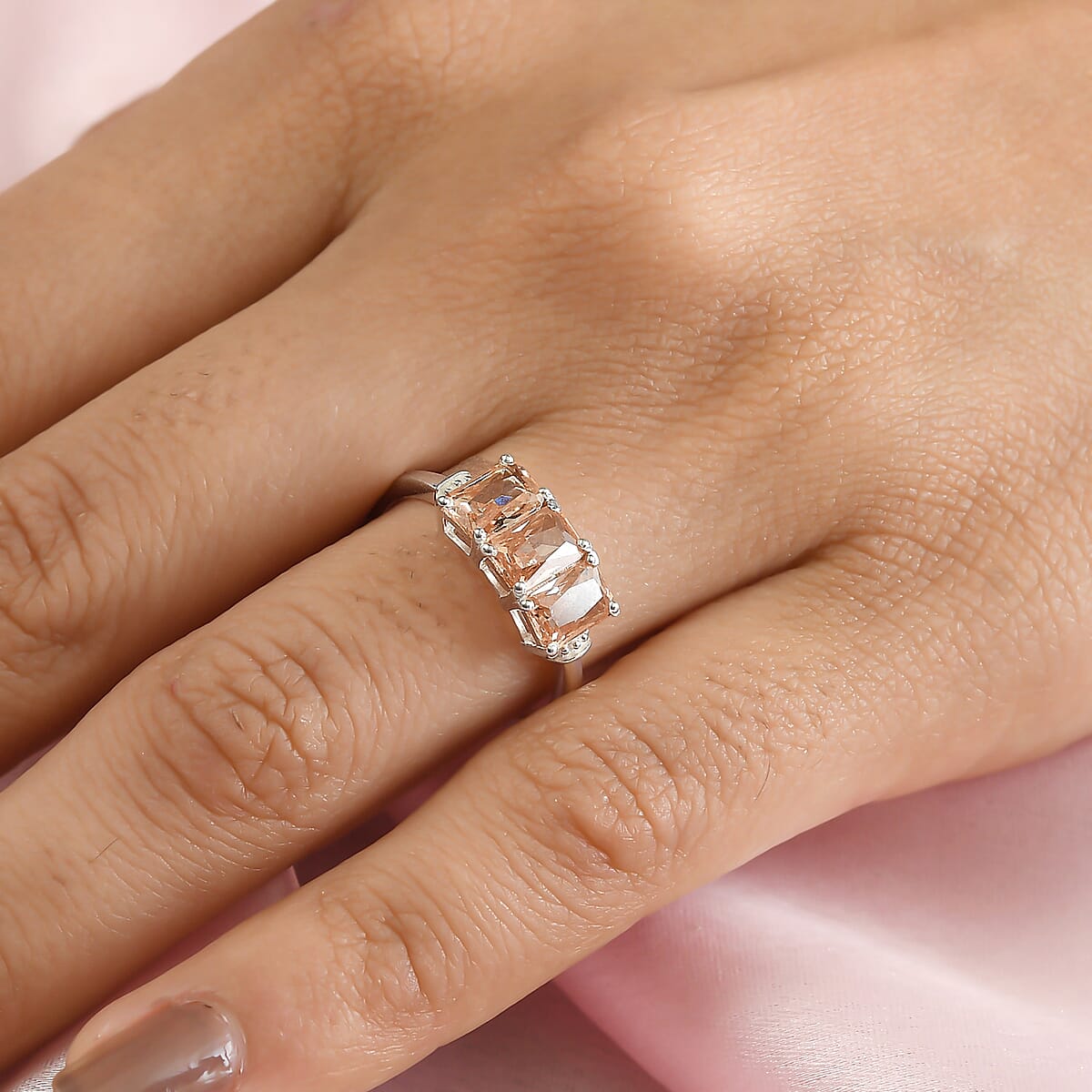 Simulated Champagne Color Diamond 3 Stone Ring in Sterling Silver (Size 7.0) 3.00 ctw image number 2