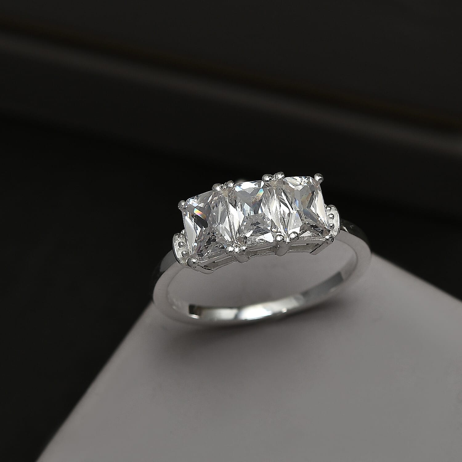 Simulated Diamond 3 Stone Ring in Sterling Silver (Size 10.0)