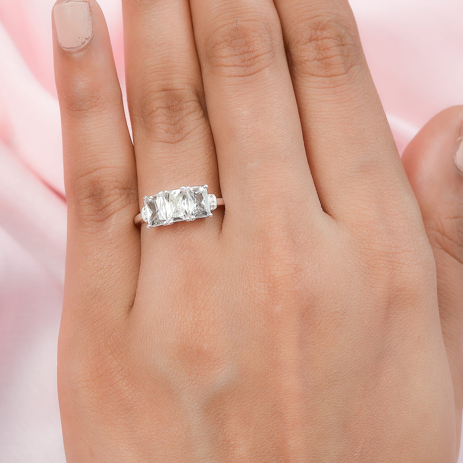 Simulated Diamond 3 Stone Ring in Sterling Silver (Size 10.0)