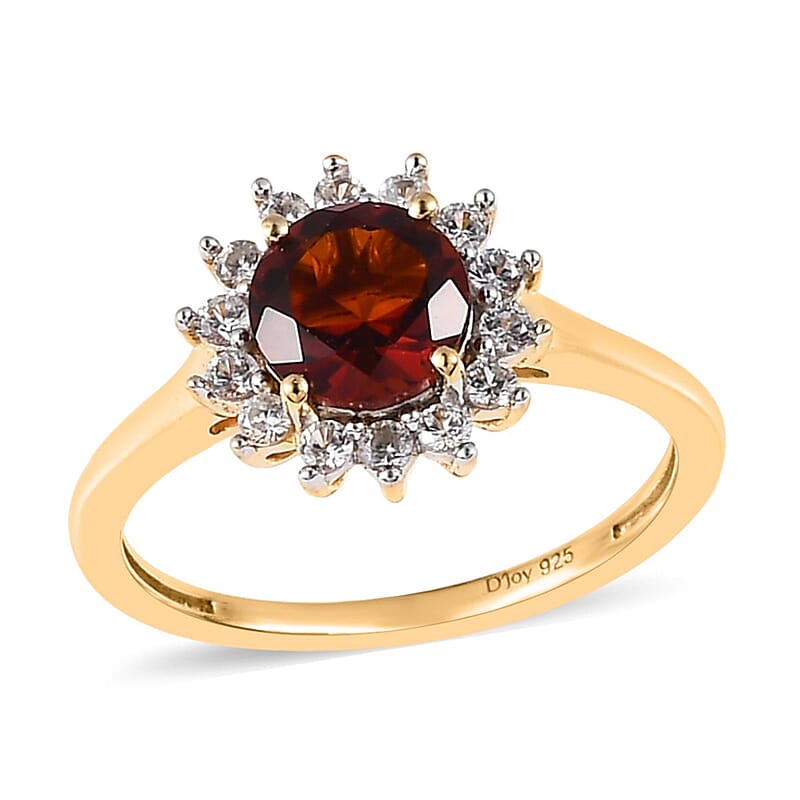 Premium Brazilian Cherry Citrine and White Zircon Sunburst Ring in Vermeil Yellow Gold Over Sterling Silver (Size 10.0) 1.20 ctw