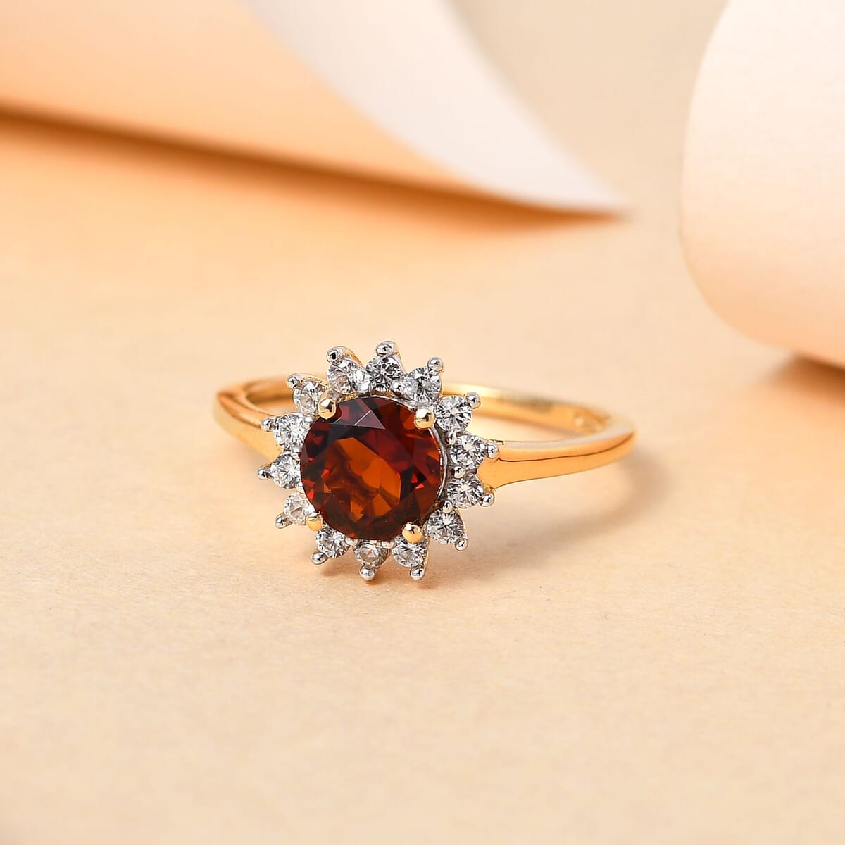 Premium Brazilian Cherry Citrine and White Zircon Sunburst Ring in Vermeil Yellow Gold Over Sterling Silver 1.20 ctw image number 1