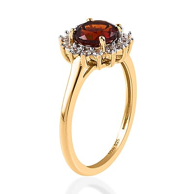 Premium Brazilian Cherry Citrine and White Zircon Sunburst Ring in Vermeil Yellow Gold Over Sterling Silver (Size 10.0) 1.20 ctw