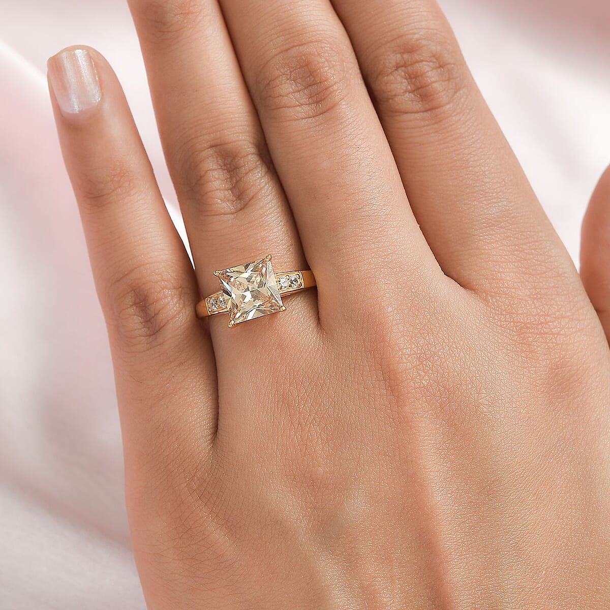 Simulated Champagne and White Diamond Ring in 14K YG Over Sterling Silver (Size 5.0) 3.10 ctw image number 2