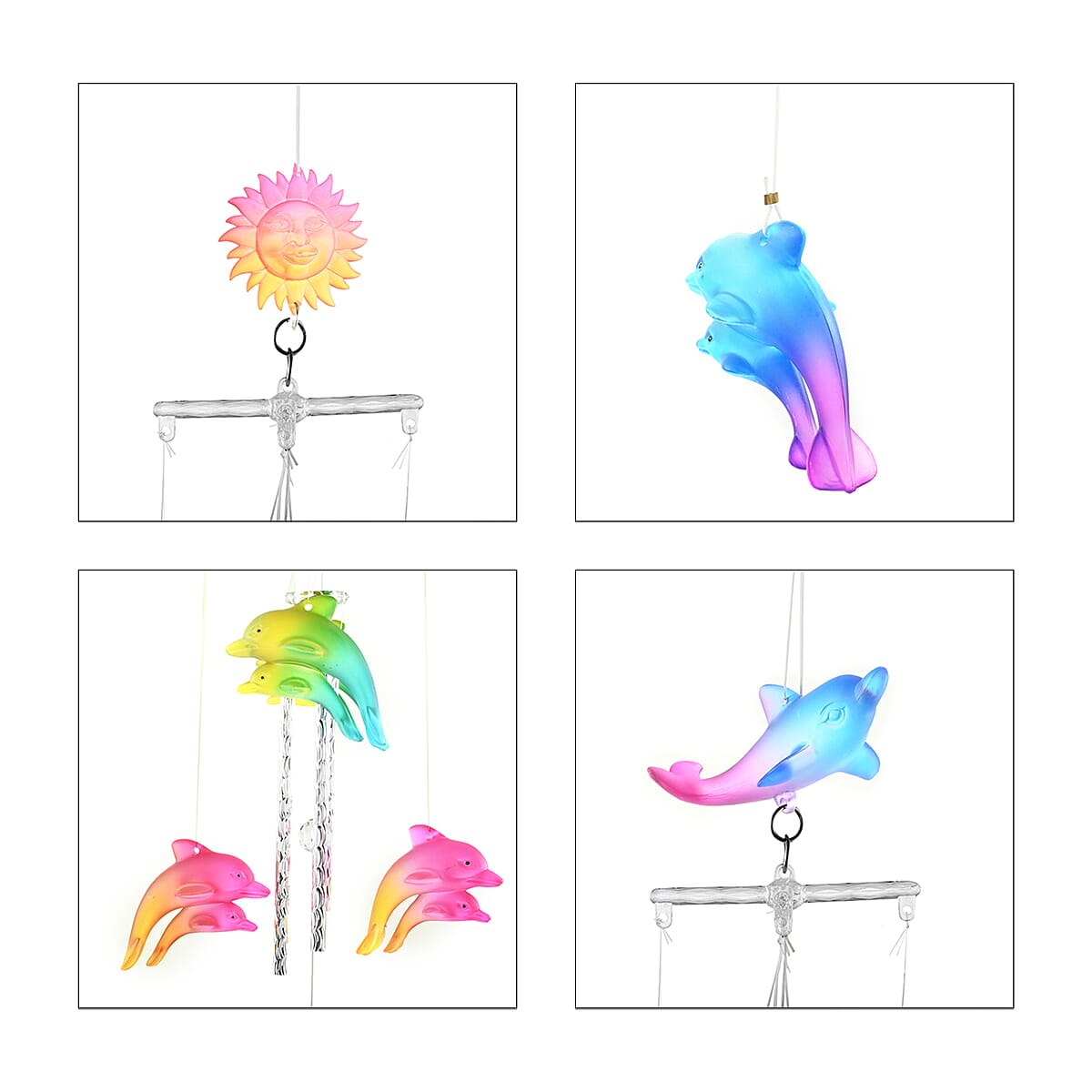Set of 4 Colorful Wind Chimes -Dolphin, Hummingbird, Moon & Star, Sun image number 5
