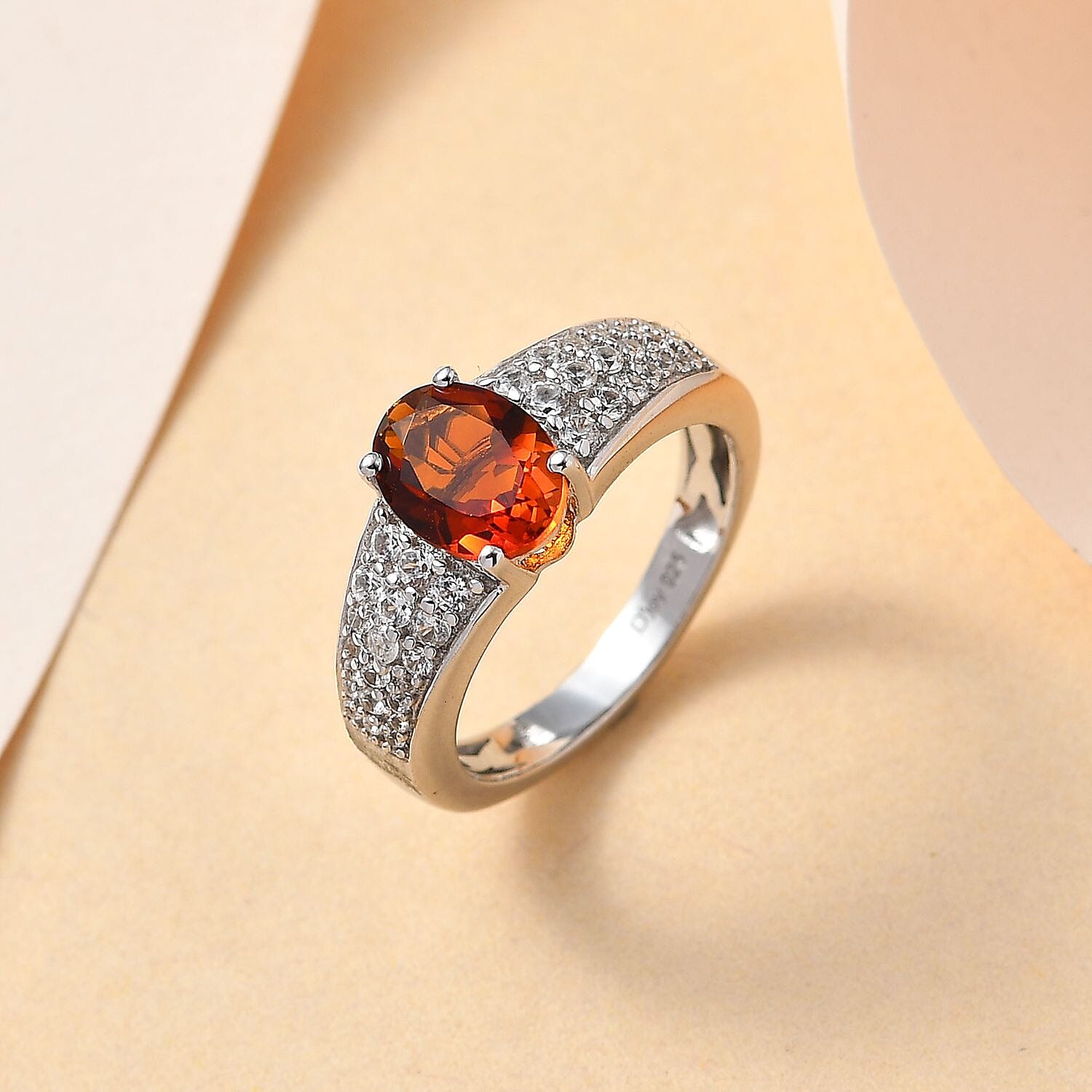 Premium Brazilian Cherry Citrine, White Zircon Ring in Platinum Over Sterling Silver (Size 10.0) 1.50 ctw