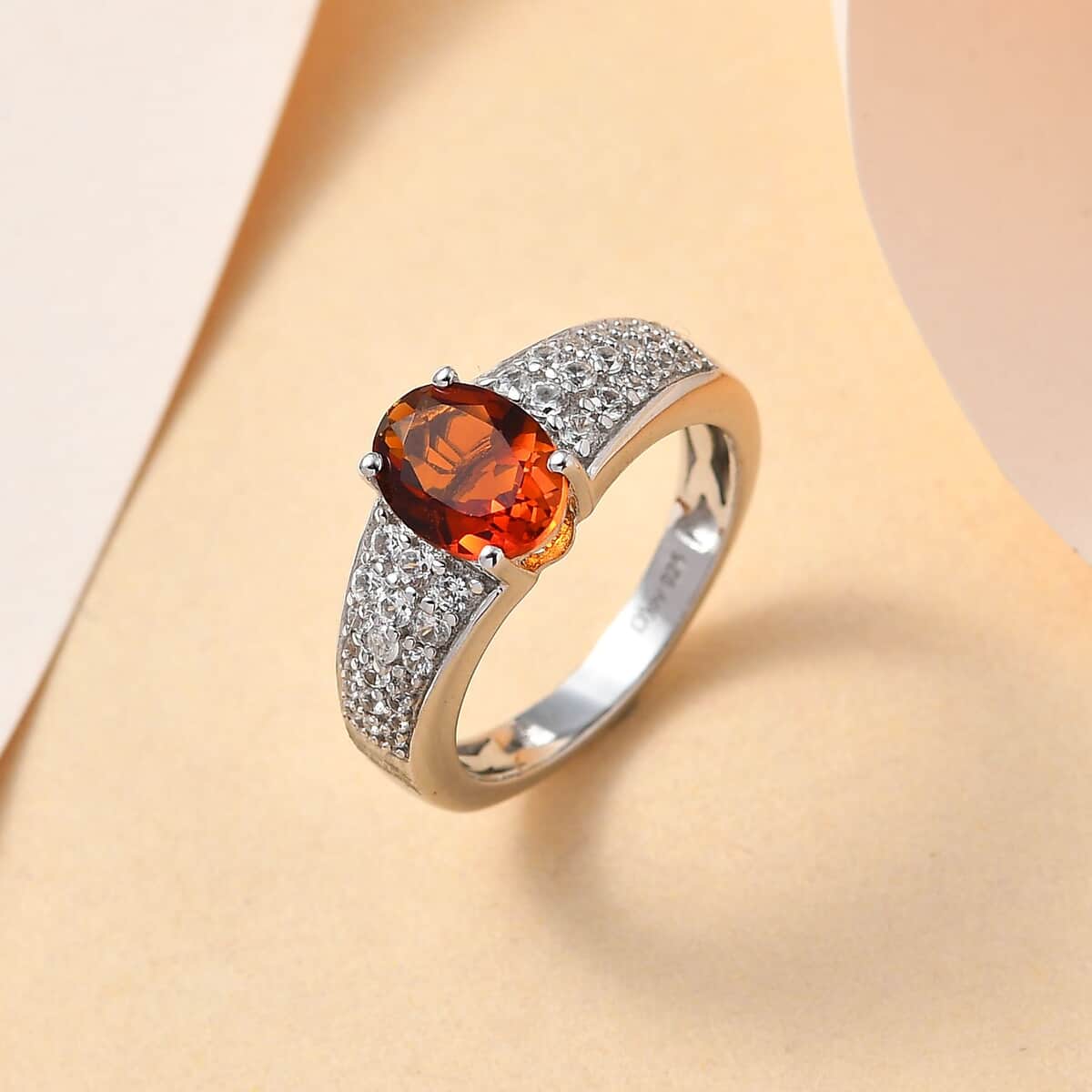 Premium Brazilian Cherry Citrine and White Zircon Ring in Platinum Over Sterling Silver 1.50 ctw image number 1
