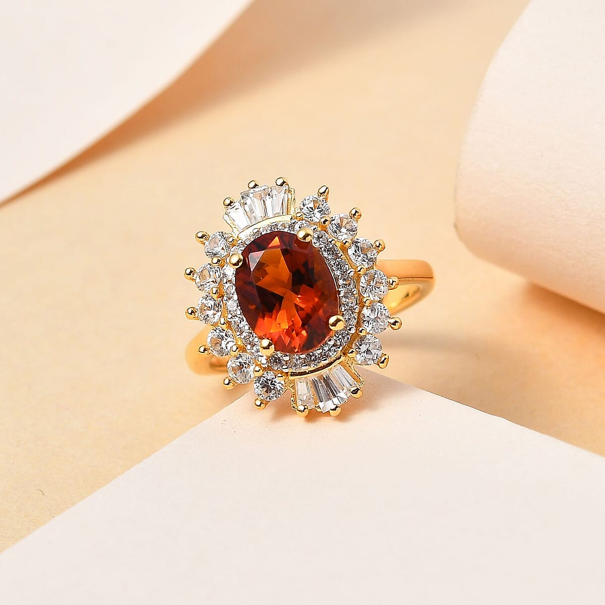 Premium Brazilian Cherry Citrine and White Zircon Cocktail Ring in Vermeil Yellow Gold Over Sterling Silver (Size 9.0) 3.35 ctw image number 1