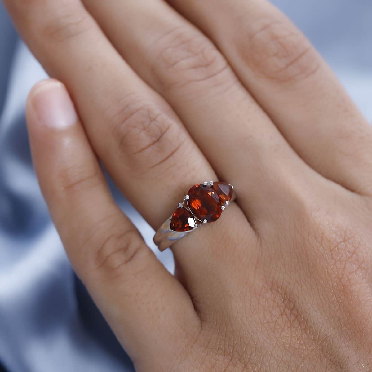 Brazilian Cherry Citrine 3 Stone Ring in Platinum Over Sterling Silver 1.90 ctw image number 2