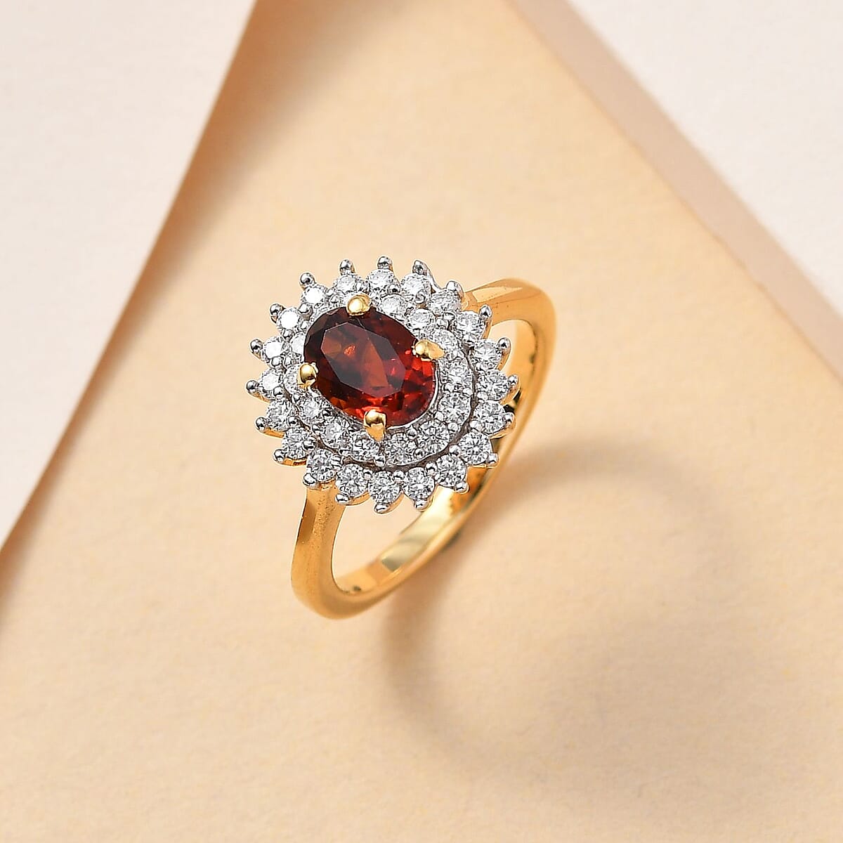 Premium Brazilian Cherry Citrine and Moissanite Double Halo Ring in Vermeil Yellow Gold Over Sterling Silver 1.15 ctw image number 1