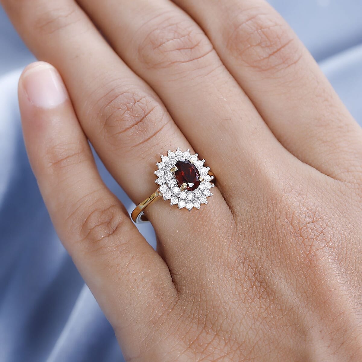 Premium Brazilian Cherry Citrine and Moissanite Double Halo Ring in Vermeil Yellow Gold Over Sterling Silver 1.15 ctw image number 2
