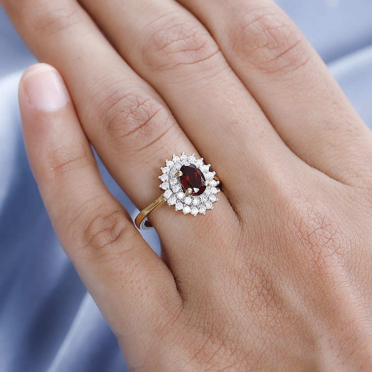 Premium Brazilian Cherry Citrine and Moissanite Double Halo Ring in Vermeil Yellow Gold Over Sterling Silver (Size 9.0) 1.15 ctw image number 2