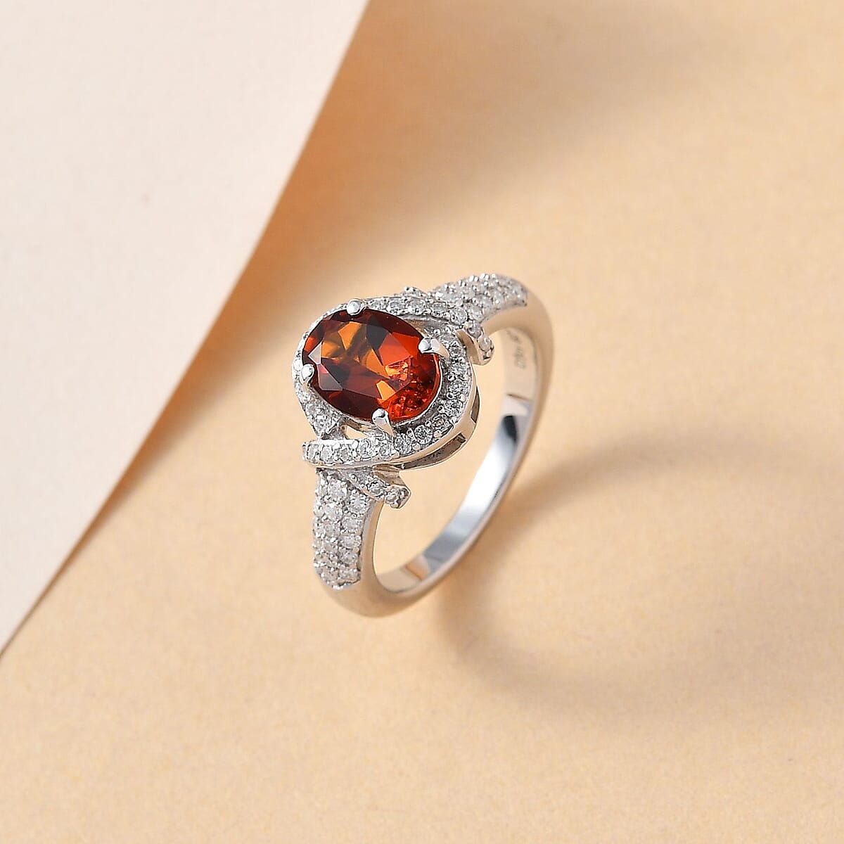 Premium Brazilian Cherry Citrine, Moissanite Ring in Platinum Over Sterling Silver (Size 10.0) 1.50 ctw image number 1