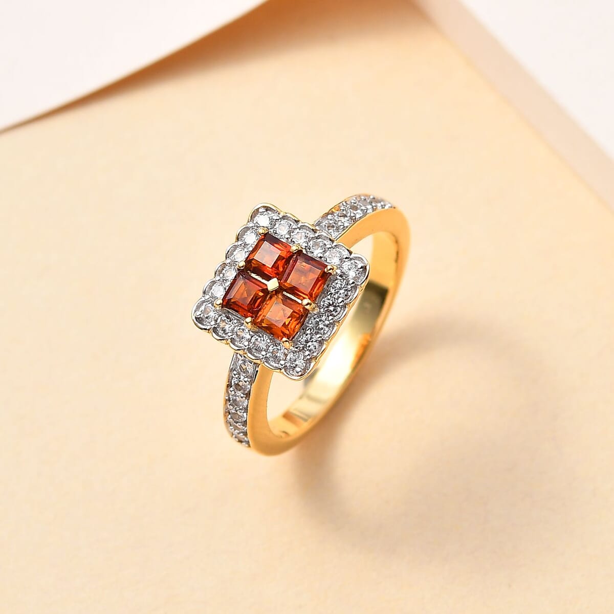 Premium Brazilian Cherry Citrine and White Zircon Ring in Vermeil Yellow Gold Over Sterling Silver 1.20 ctw image number 1
