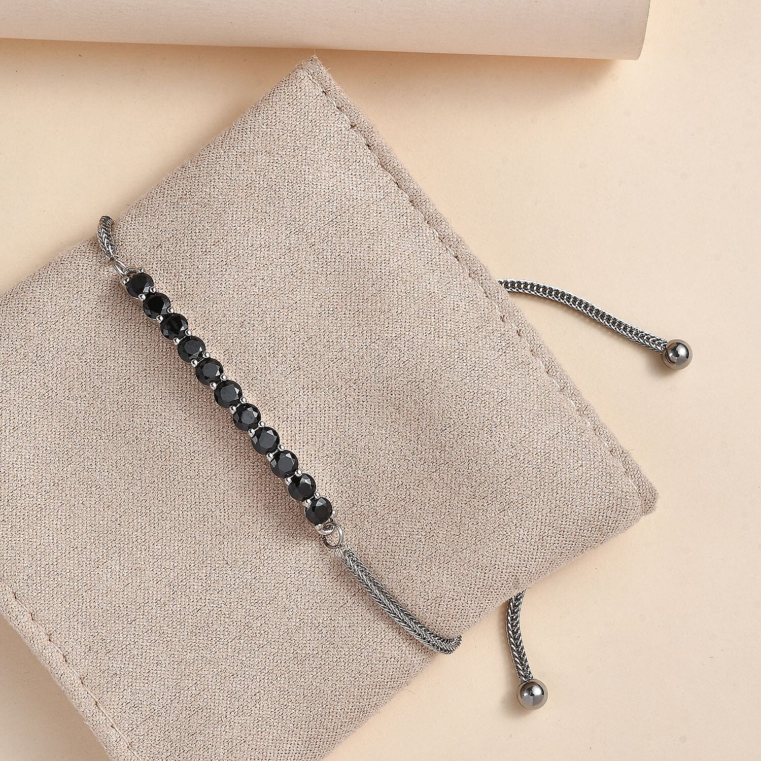 Karis Simulated Black Diamond 2.20 ctw Bolo Bracelet in Platinum Bond and Stainless Steel
