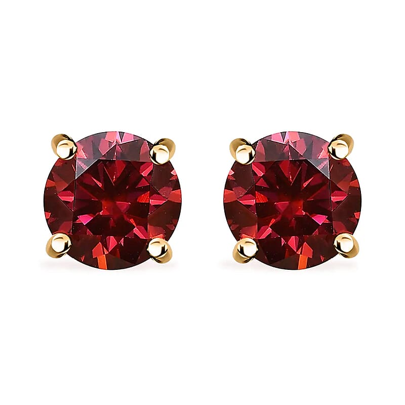 Luxury Red Moissanite Stud Earrings in Vermeil Yellow Gold Over Sterling Silver 1.90 ctw