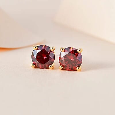 Luxury Red Moissanite Stud Earrings in Vermeil Yellow Gold Over Sterling Silver 1.90 ctw