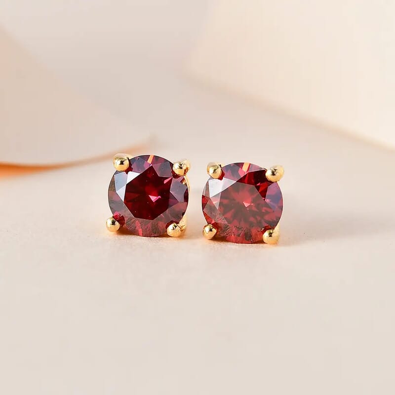Luxury Red Moissanite Stud Earrings in Vermeil Yellow Gold Over Sterling Silver 1.90 ctw