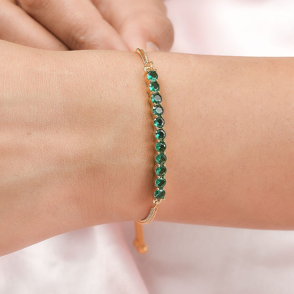 Everture Simulated Green Diamond 2.20 ctw Bolo Bracelet in 18K YG Plated and ION Plated YG Stainless Steel image number 2