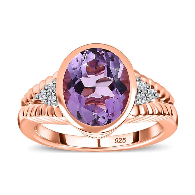 Rose De France Amethyst and White Zircon 3.40 ctw Ring in 14K RG Over Sterling Silver (Size 10.0)