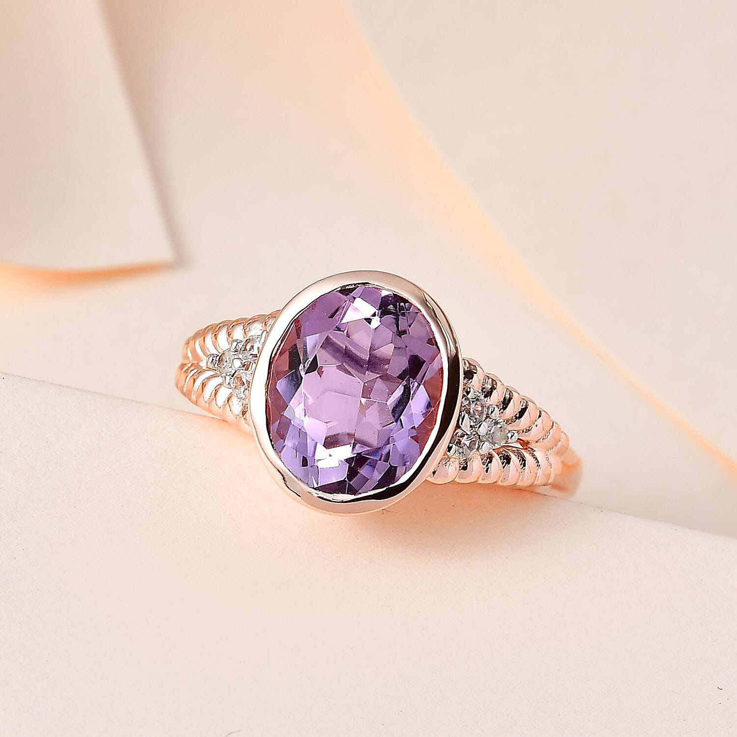 Rose De France Amethyst and White Zircon 3.40 ctw Ring in 14K RG Over Sterling Silver (Size 10.0)