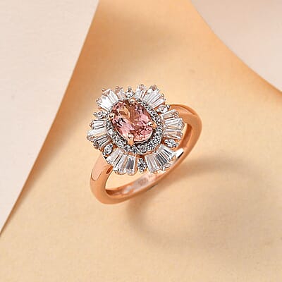 Premium Blush Tourmaline and White Zircon Ballerina Ring in Vermeil Rose Gold Over Sterling Silver (Size 10.0) 1.90 ctw