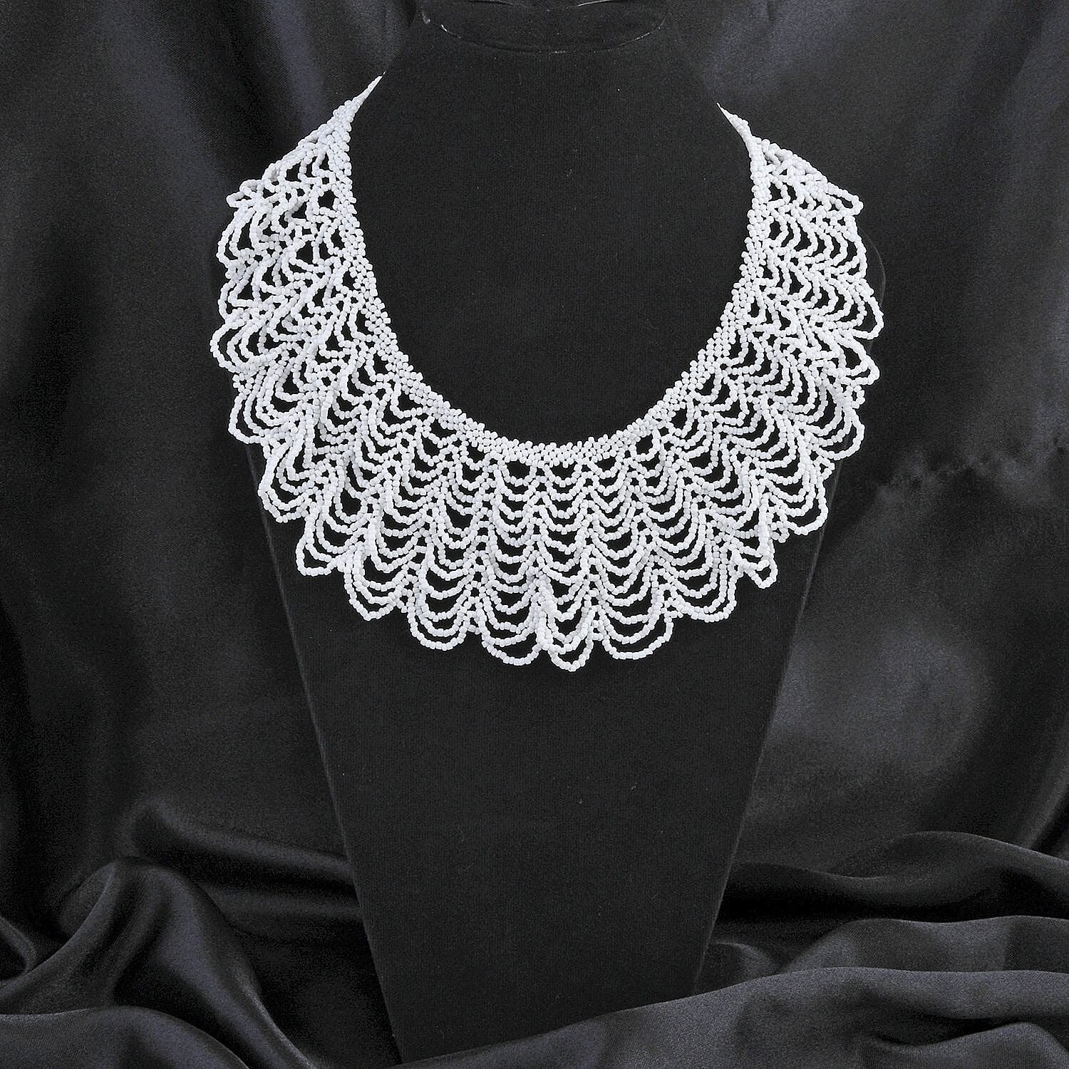 White Seed Beaded Multi Line Collar Necklace 20 Inches