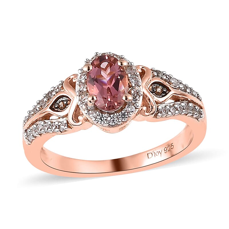 Premium Blush Tourmaline, Brown and White Zircon Halo Ring in Vermeil Rose Gold Over Sterling Silver (Size 10.0) 1.70 ctw