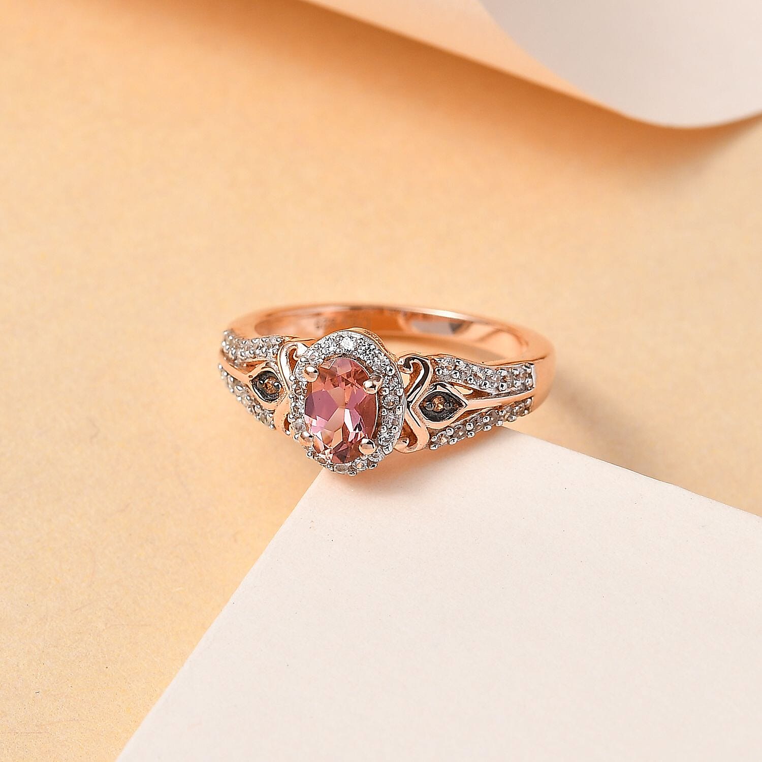 Premium Blush Tourmaline, Brown and White Zircon Halo Ring in Vermeil Rose Gold Over Sterling Silver (Size 10.0) 1.70 ctw