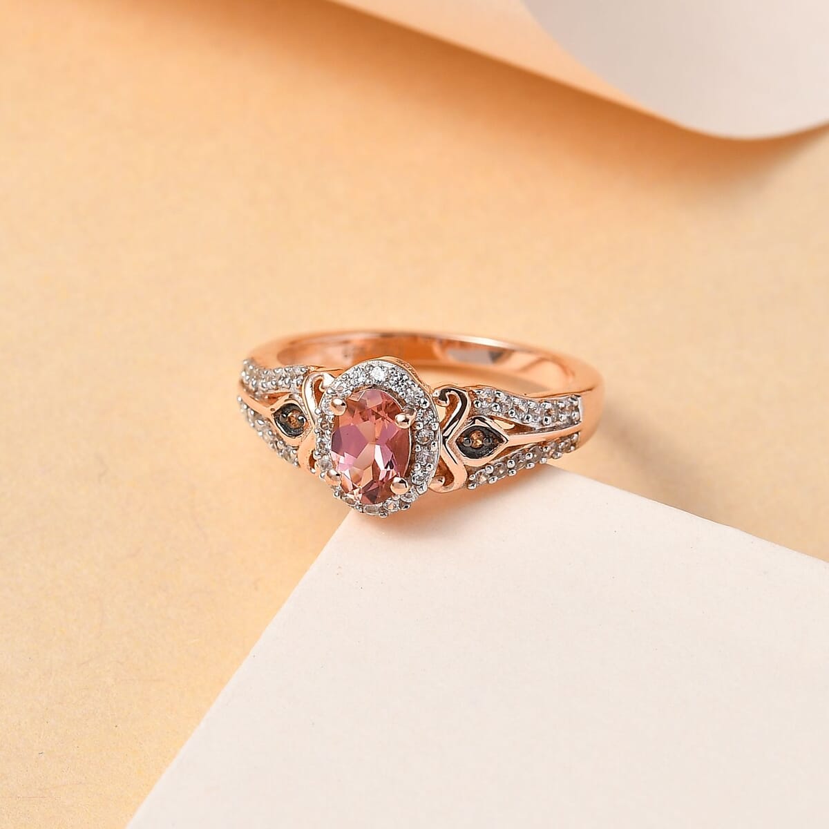 Premium Blush Tourmaline, Brown and White Zircon Halo Ring in Vermeil Rose Gold Over Sterling Silver 1.70 ctw image number 1