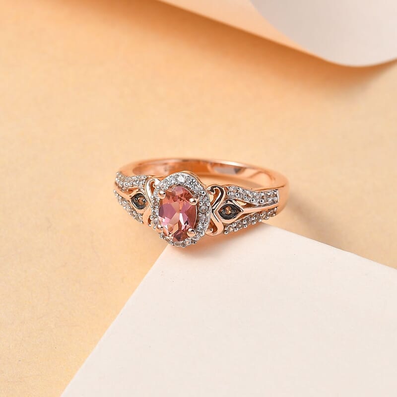 Premium Blush Tourmaline, Brown and White Zircon Halo Ring in Vermeil Rose Gold Over Sterling Silver (Size 10.0) 1.70 ctw