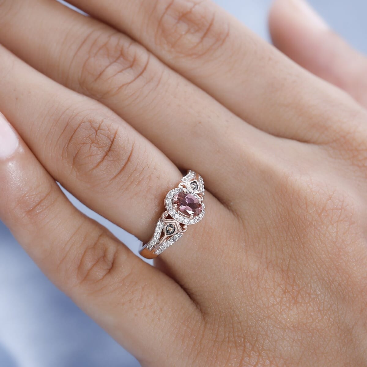 Premium Blush Tourmaline, Brown and White Zircon Halo Ring in Vermeil Rose Gold Over Sterling Silver 1.70 ctw image number 2
