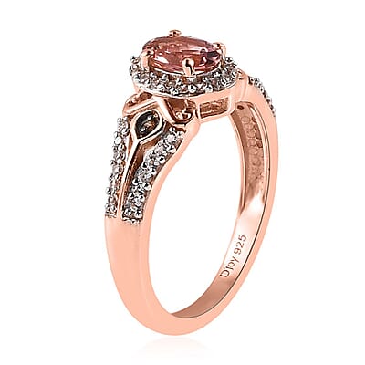 Premium Blush Tourmaline, Brown and White Zircon Halo Ring in Vermeil Rose Gold Over Sterling Silver (Size 10.0) 1.70 ctw