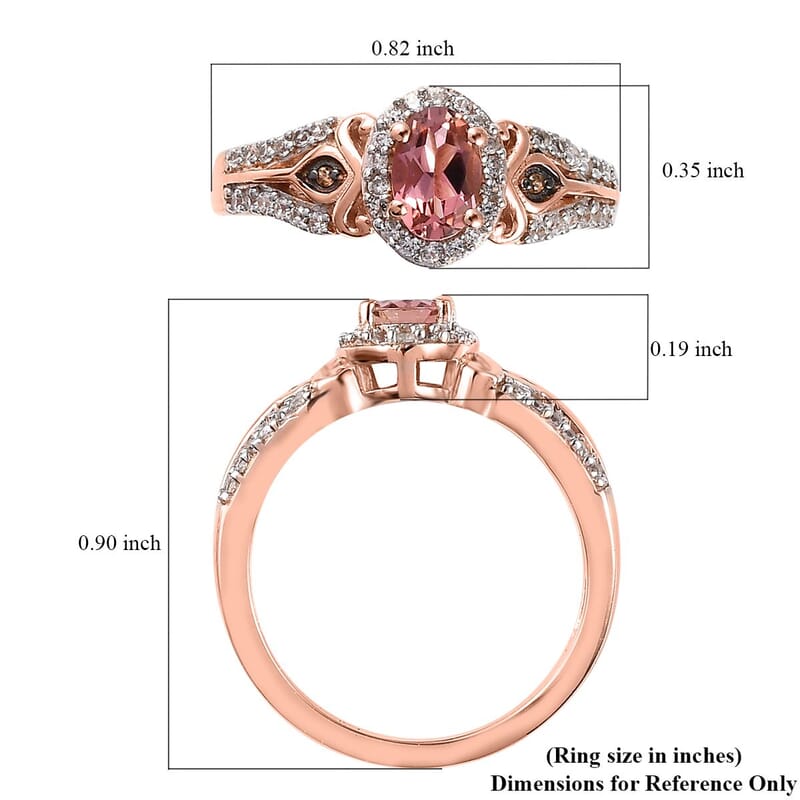 Premium Blush Tourmaline, Brown and White Zircon Halo Ring in Vermeil Rose Gold Over Sterling Silver (Size 10.0) 1.70 ctw