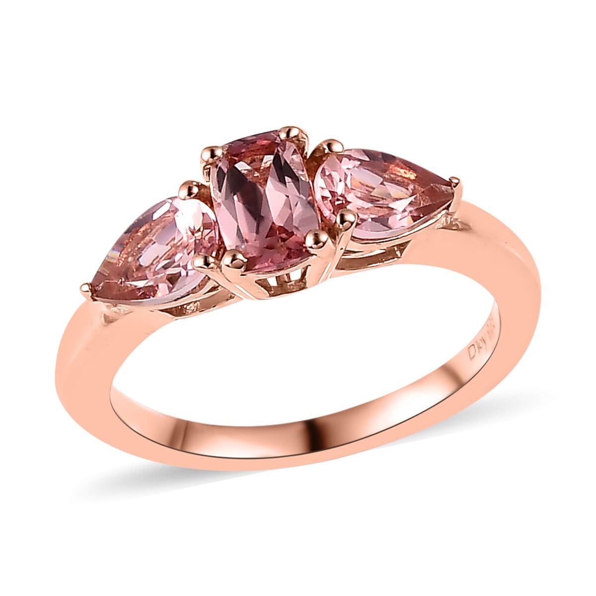 Premium Blush Tourmaline 3 Stone Ring in Vermeil Rose Gold Over Sterling Silver 1.20 ctw image number 0