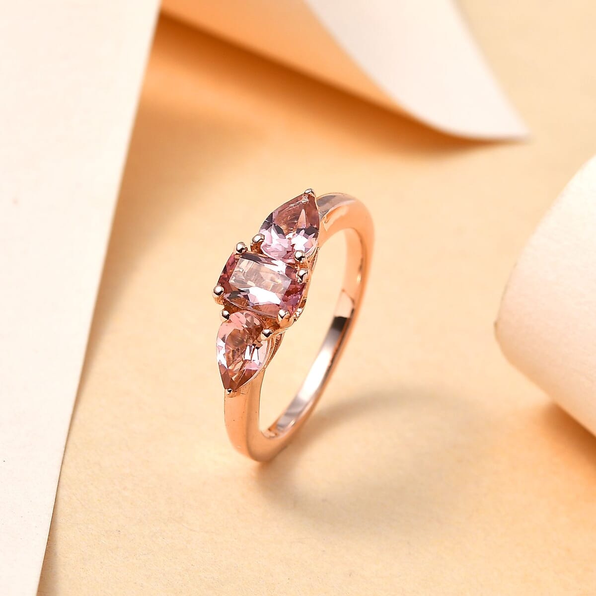 Premium Blush Tourmaline 3 Stone Ring in Vermeil Rose Gold Over Sterling Silver 1.20 ctw image number 1