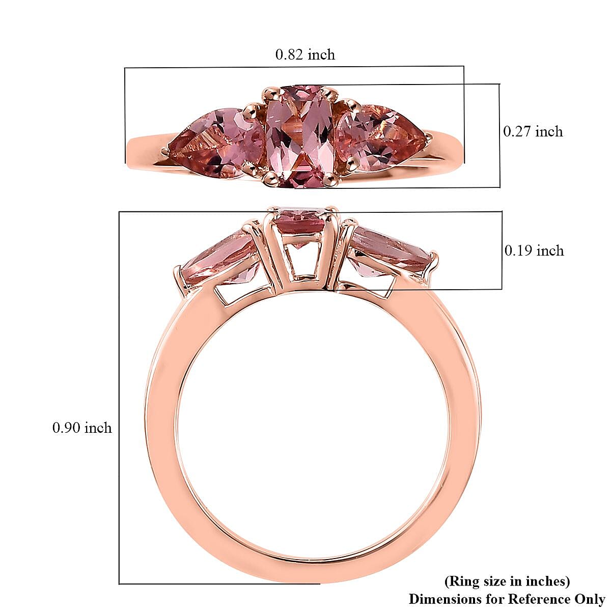 Premium Blush Tourmaline 3 Stone Ring in Vermeil Rose Gold Over Sterling Silver (Size 10.0) 1.20 ctw