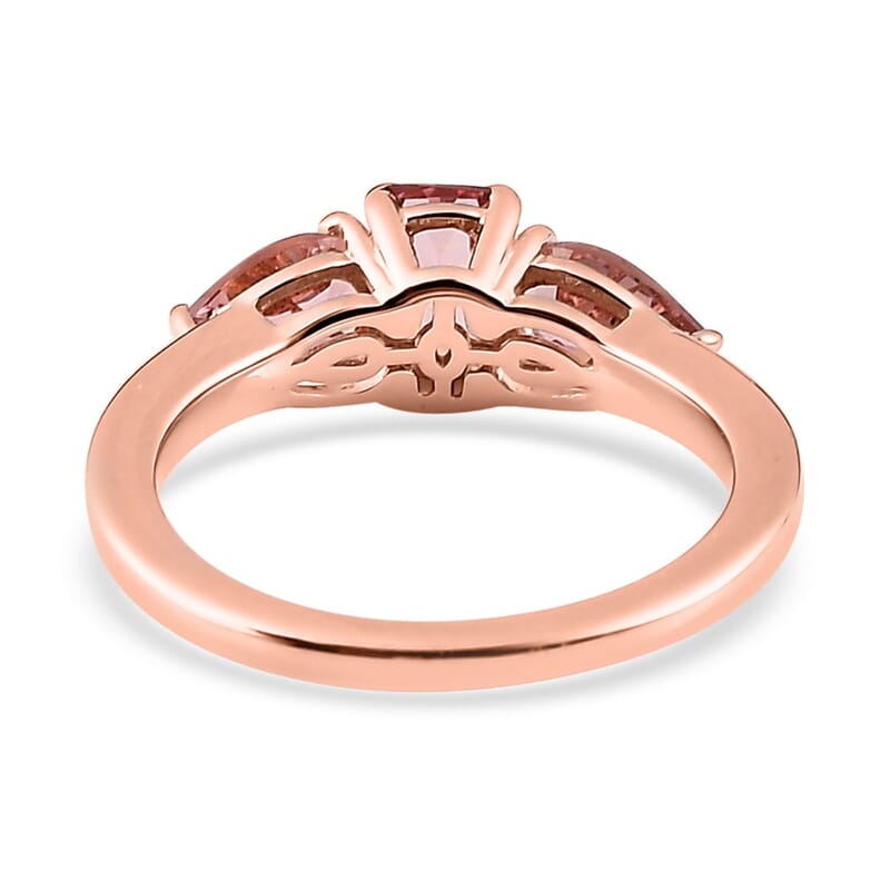 Premium Blush Tourmaline 3 Stone Ring in Vermeil Rose Gold Over Sterling Silver (Size 5.0) 1.20 ctw