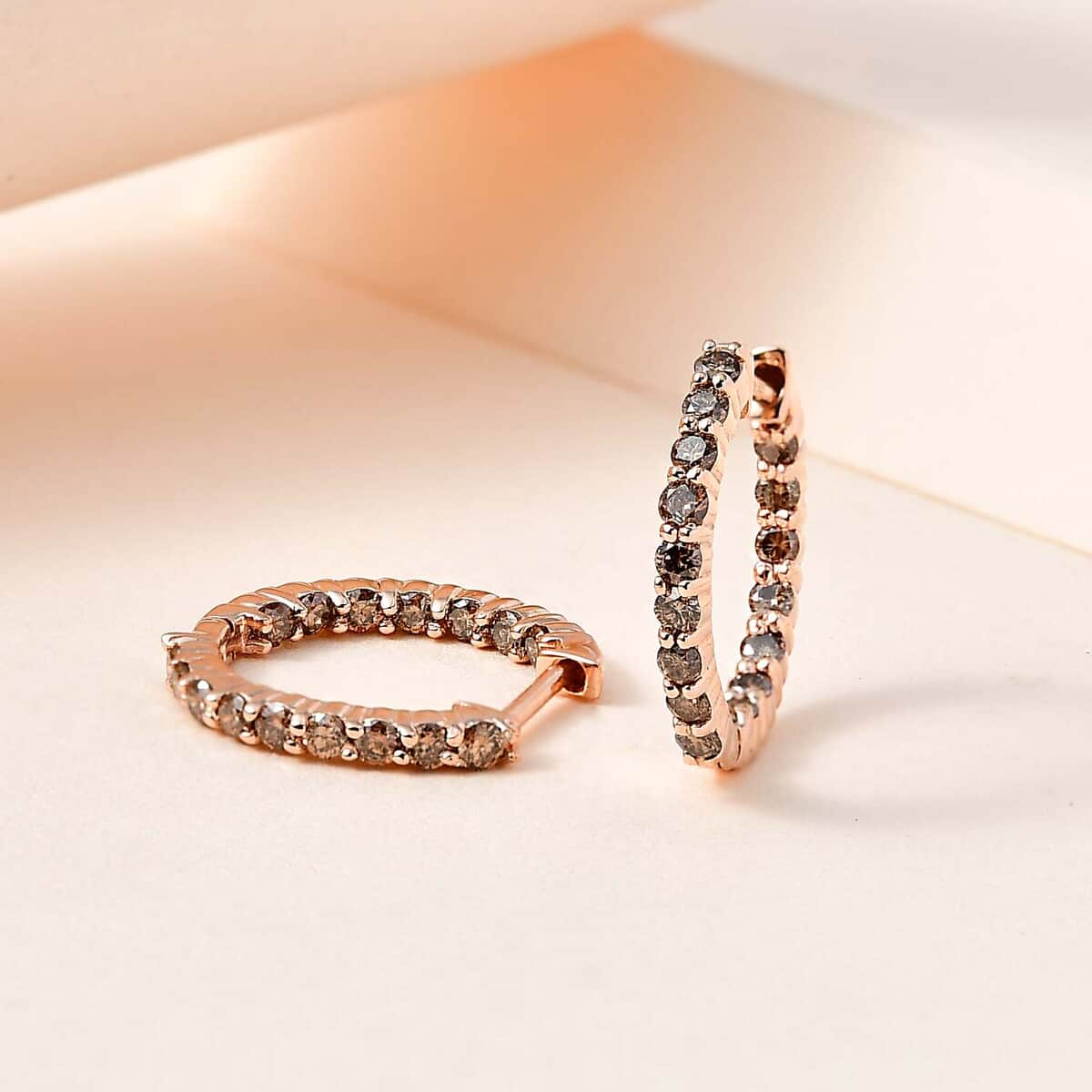 Natural Champagne Diamond Hoop Earrings in Vermeil Rose Gold Over Sterling Silver 1.00 ctw image number 1