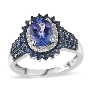 Tanzanite and Multi Gemstone Double Halo Sunburst Ring in Platinum Over Sterling Silver, Tanzanite Jewelry, Blue Birthday Anniversary Wedding Gift For Her 2.20 ctw