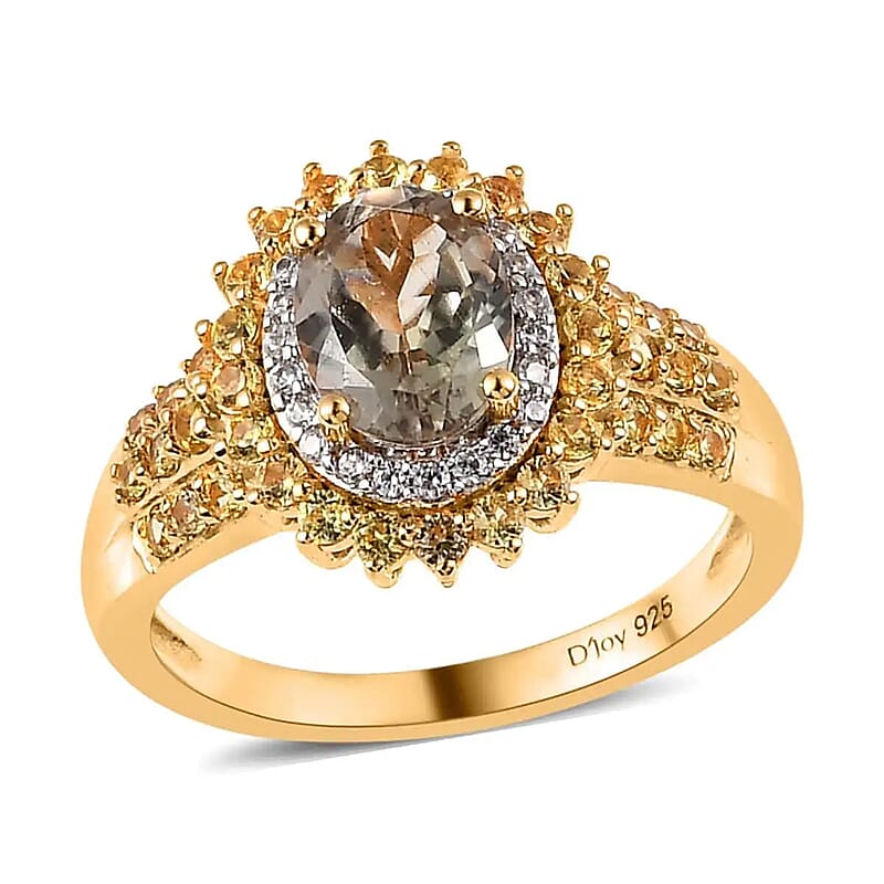 AAA Turkizite and Multi Gemstone Double Halo Sunburst Ring in Vermeil Yellow Gold Over Sterling Silver, Turkizite Jewelry, Birthday Anniversary Wedding Gift For Her 2.15 ctw