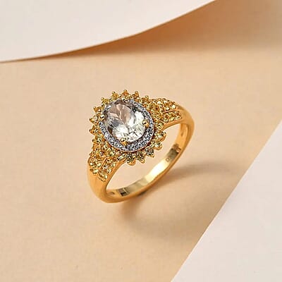 AAA Turkizite and Multi Gemstone Double Halo Sunburst Ring in Vermeil Yellow Gold Over Sterling Silver, Turkizite Jewelry, Birthday Anniversary Wedding Gift For Her 2.15 ctw