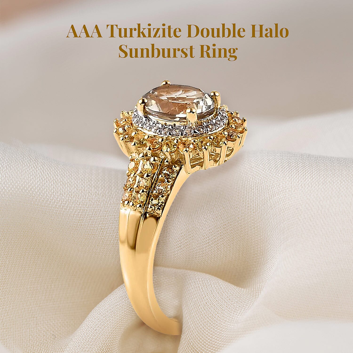 AAA Turkizite and Multi Gemstone Double Halo Sunburst Ring in Vermeil Yellow Gold Over Sterling Silver, Turkizite Jewelry, Birthday Anniversary Wedding Gift For Her 2.15 ctw