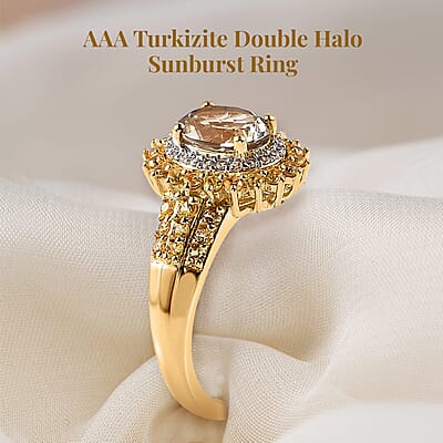 AAA Turkizite and Multi Gemstone Double Halo Sunburst Ring in Vermeil Yellow Gold Over Sterling Silver, Turkizite Jewelry, Birthday Anniversary Wedding Gift For Her 2.15 ctw