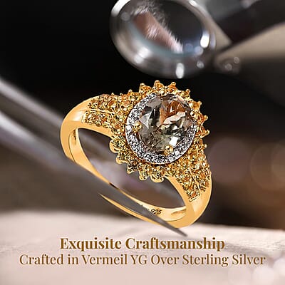 AAA Turkizite and Multi Gemstone Double Halo Sunburst Ring in Vermeil Yellow Gold Over Sterling Silver, Turkizite Jewelry, Birthday Anniversary Wedding Gift For Her 2.15 ctw