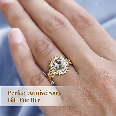 AAA Turkizite and Multi Gemstone Double Halo Sunburst Ring in Vermeil Yellow Gold Over Sterling Silver, Turkizite Jewelry, Birthday Anniversary Wedding Gift For Her 2.15 ctw