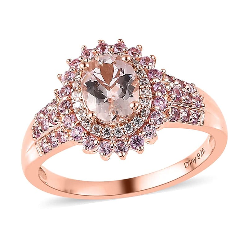 Premium Marropino Morganite, Multi Gemstone Double Halo Ring in Vermeil RG Over Sterling Silver (Size 10.0) 1.90 ctw