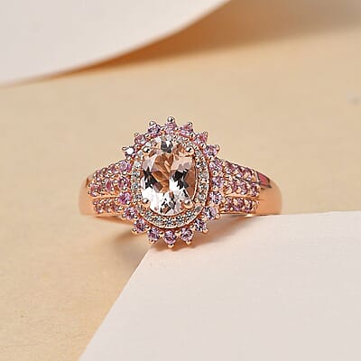 Premium Marropino Morganite, Multi Gemstone Double Halo Ring in Vermeil RG Over Sterling Silver (Size 10.0) 1.90 ctw